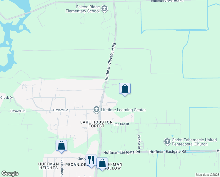 map of restaurants, bars, coffee shops, grocery stores, and more near 26030 Farm to Market 2100 in Huffman