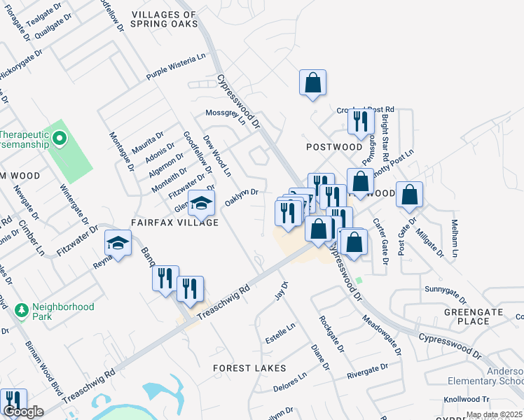 map of restaurants, bars, coffee shops, grocery stores, and more near 5410 Sherrylee Lane in Spring