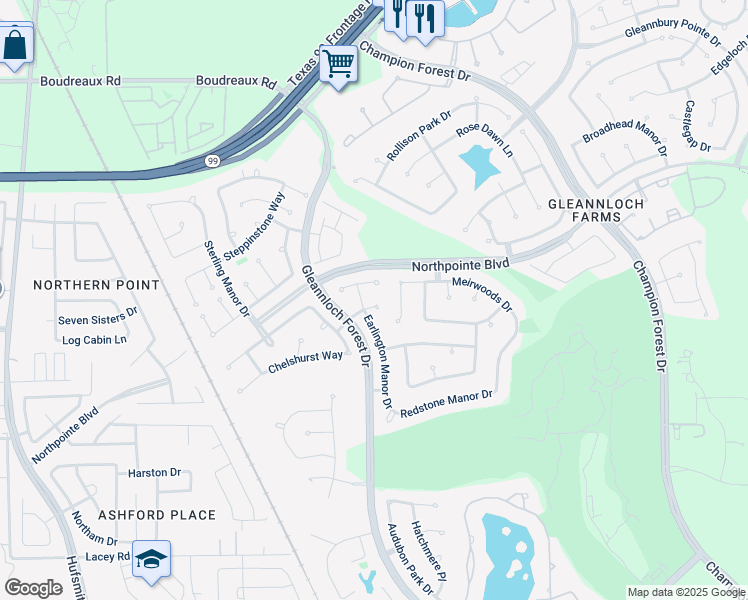 map of restaurants, bars, coffee shops, grocery stores, and more near 1503 Highpointe Green in Spring