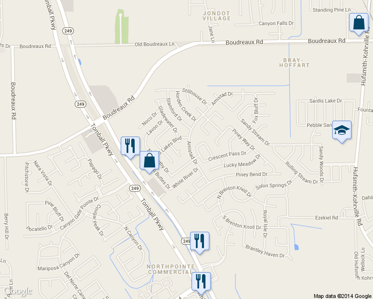 map of restaurants, bars, coffee shops, grocery stores, and more near 19323 Amistad Drive in Tomball