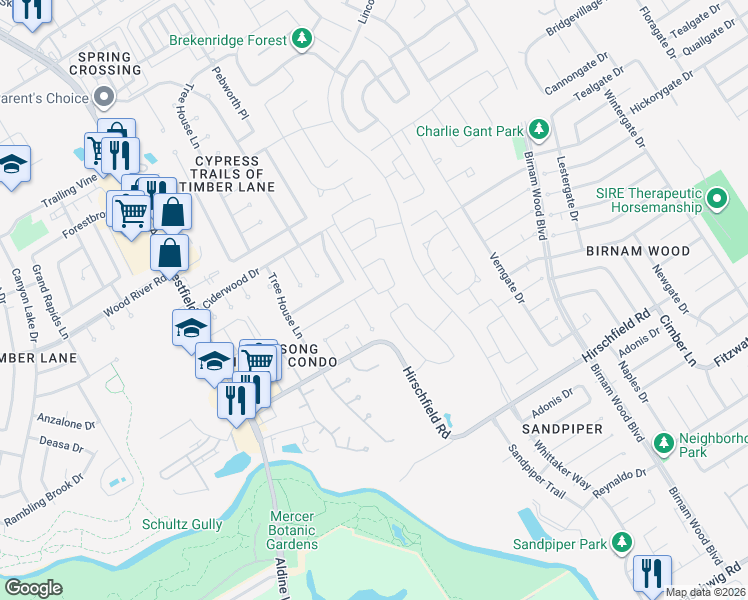 map of restaurants, bars, coffee shops, grocery stores, and more near 22714 Pebworth Place in Spring