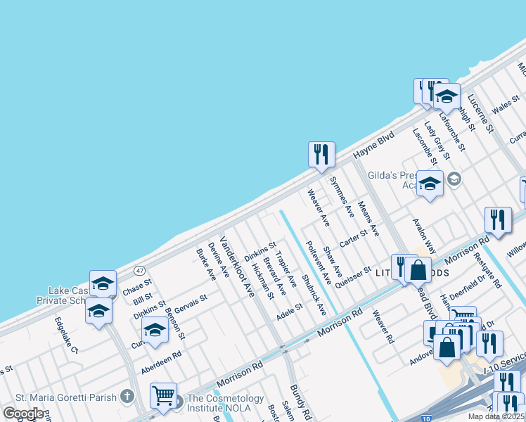 map of restaurants, bars, coffee shops, grocery stores, and more near 9510 Hayne Boulevard in New Orleans