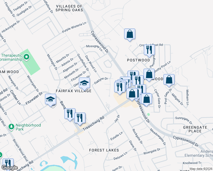 map of restaurants, bars, coffee shops, grocery stores, and more near 5410 Sherrylee Lane in Spring