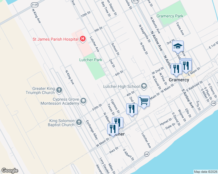 map of restaurants, bars, coffee shops, grocery stores, and more near 2471 Louisiana Avenue in Lutcher
