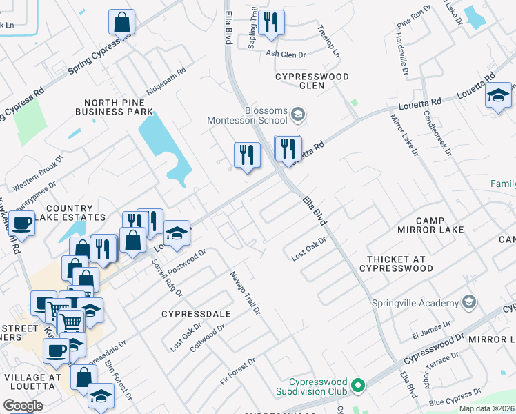 map of restaurants, bars, coffee shops, grocery stores, and more near 3638 Postwood Drive in Spring