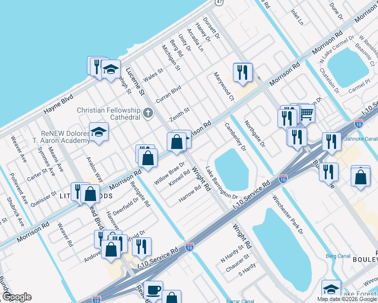 map of restaurants, bars, coffee shops, grocery stores, and more near 1110 Whiteside Road in New Orleans