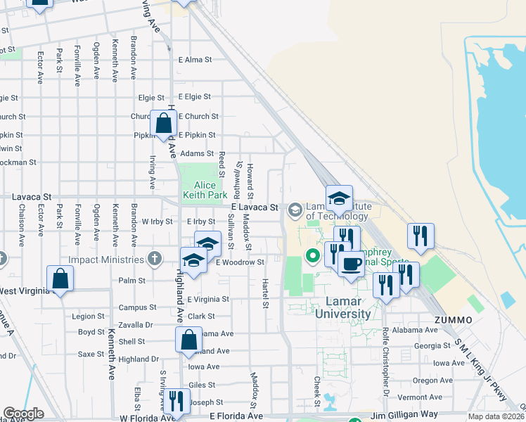 map of restaurants, bars, coffee shops, grocery stores, and more near 742 East Lavaca Street in Beaumont