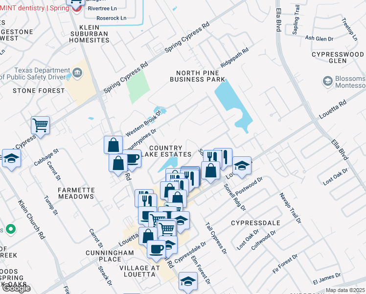 map of restaurants, bars, coffee shops, grocery stores, and more near 4518 Sorrell Glen Court in Spring