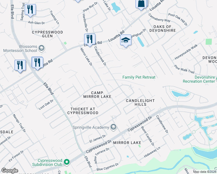 map of restaurants, bars, coffee shops, grocery stores, and more near 19211 Candlebrook Circle in Spring
