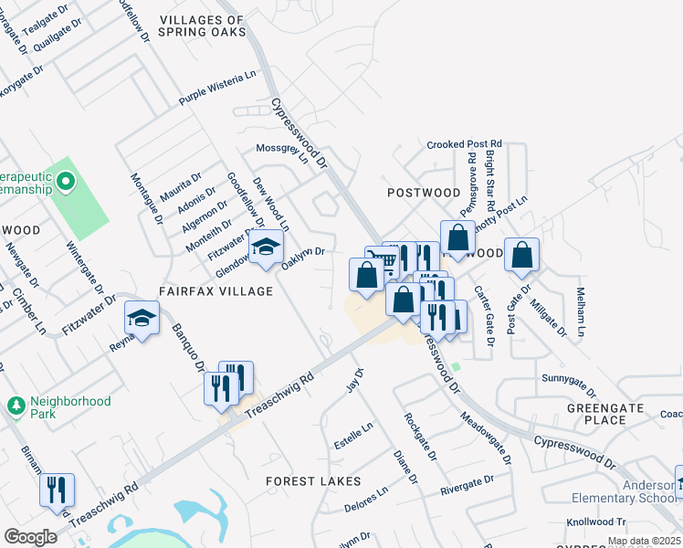 map of restaurants, bars, coffee shops, grocery stores, and more near 5410 Sherrylee Lane in Spring