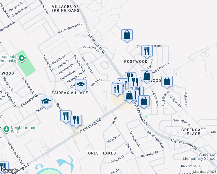 map of restaurants, bars, coffee shops, grocery stores, and more near 23014 Laketree Lane in Spring