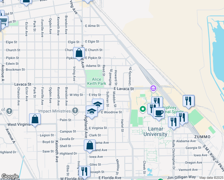 map of restaurants, bars, coffee shops, grocery stores, and more near 550 East Lavaca Street in Beaumont