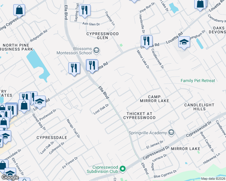 map of restaurants, bars, coffee shops, grocery stores, and more near 18903 Big Cypress Drive in Spring