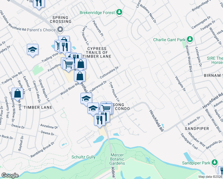map of restaurants, bars, coffee shops, grocery stores, and more near 22819 Tree House Lane in Spring