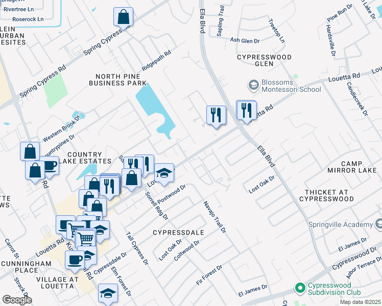 map of restaurants, bars, coffee shops, grocery stores, and more near 4107 Country Mill Way in Spring