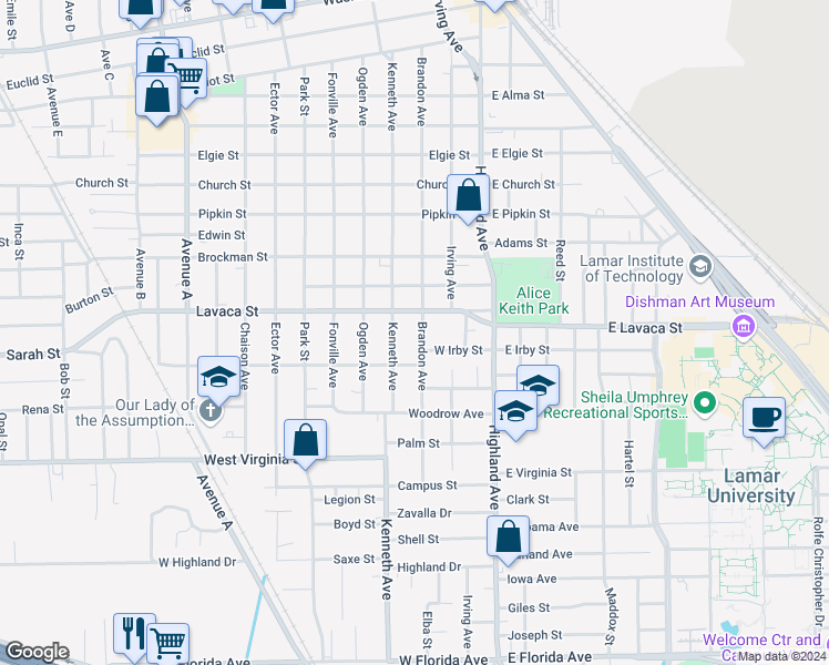 map of restaurants, bars, coffee shops, grocery stores, and more near 4161 Kenneth Avenue in Beaumont