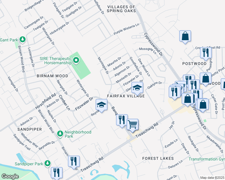 map of restaurants, bars, coffee shops, grocery stores, and more near 4715 Glendower Drive in Spring