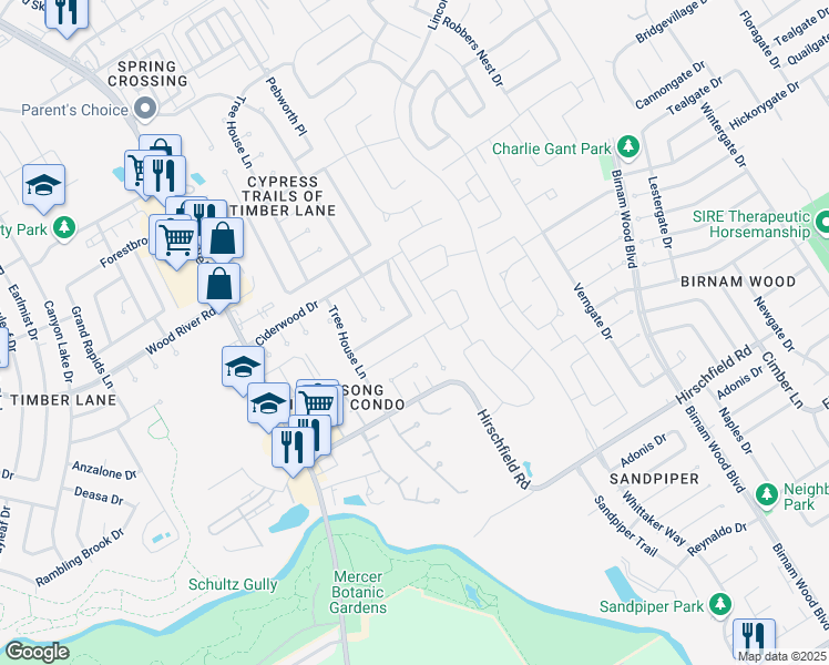 map of restaurants, bars, coffee shops, grocery stores, and more near 3223 Pine Dust Lane in Spring
