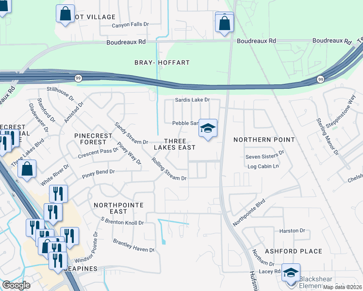 map of restaurants, bars, coffee shops, grocery stores, and more near 19538 Shady Bank Drive in Tomball