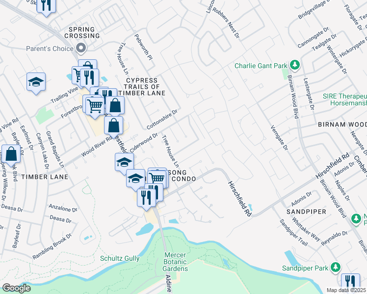 map of restaurants, bars, coffee shops, grocery stores, and more near 3133 Georgia Pine Drive in Spring