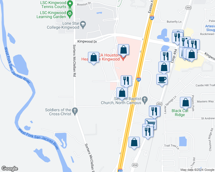 map of restaurants, bars, coffee shops, grocery stores, and more near in Houston