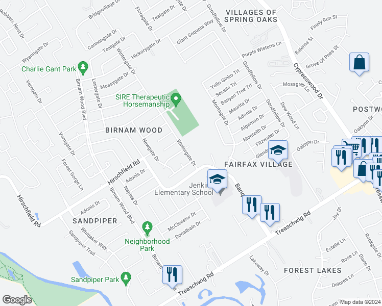 map of restaurants, bars, coffee shops, grocery stores, and more near 23230 Wintergate Drive in Spring
