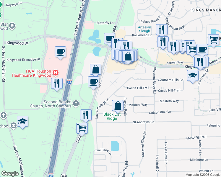 map of restaurants, bars, coffee shops, grocery stores, and more near 2026 Midlothian Lane in Humble