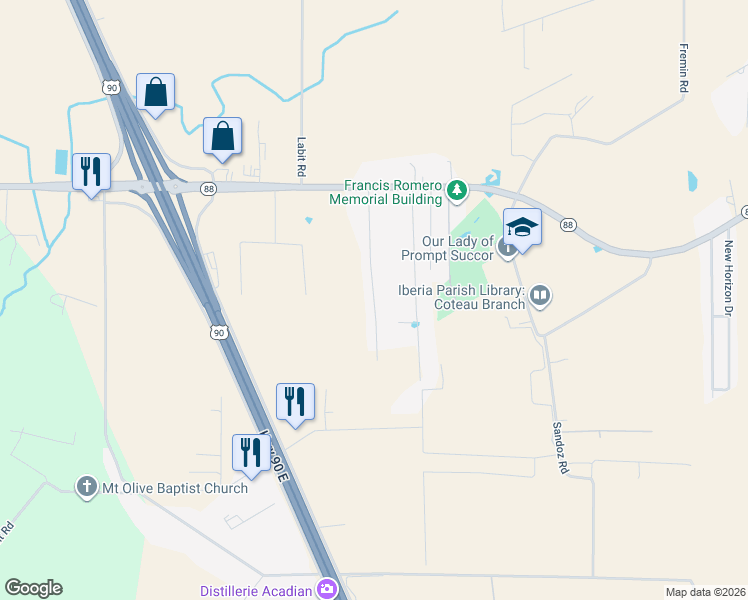 map of restaurants, bars, coffee shops, grocery stores, and more near 3001 Coteau Road in New Iberia