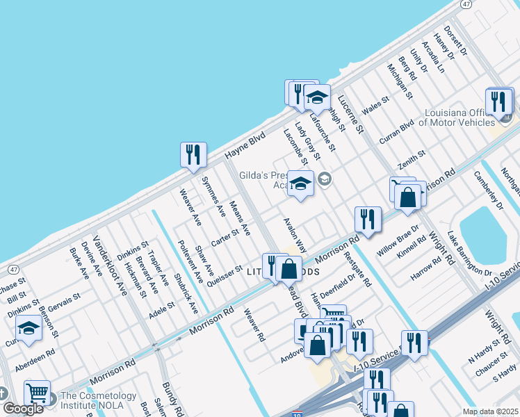 map of restaurants, bars, coffee shops, grocery stores, and more near 7809 Read Boulevard in New Orleans