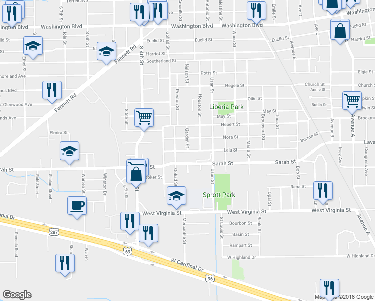 map of restaurants, bars, coffee shops, grocery stores, and more near 2598 Lela Street in Beaumont
