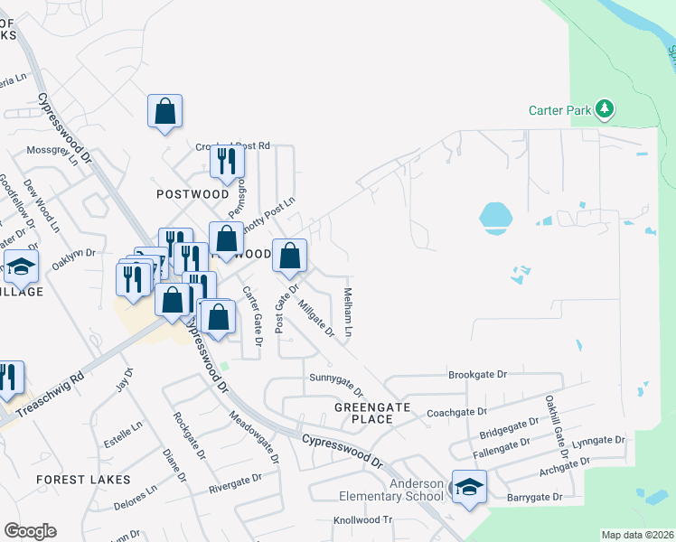map of restaurants, bars, coffee shops, grocery stores, and more near 5823 Evening Shadows Lane in Spring