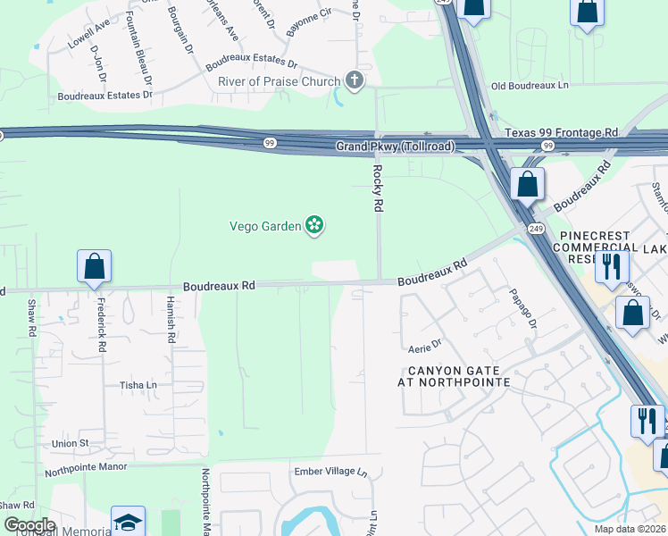 map of restaurants, bars, coffee shops, grocery stores, and more near 13804 Boudreaux Road in Tomball