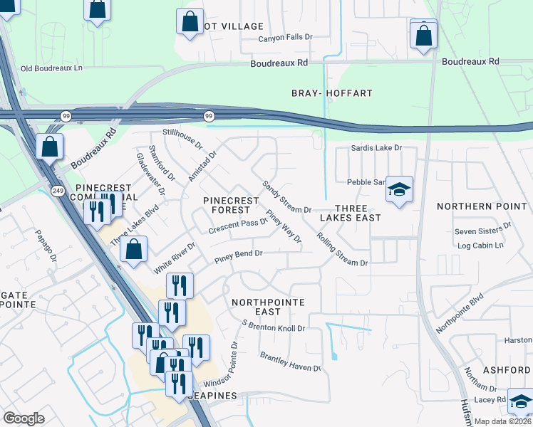 map of restaurants, bars, coffee shops, grocery stores, and more near 19102 Crescent Pass Drive in Tomball
