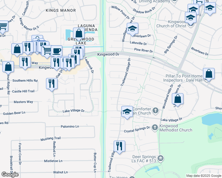 map of restaurants, bars, coffee shops, grocery stores, and more near 1907 Lazy Grove Drive in Humble