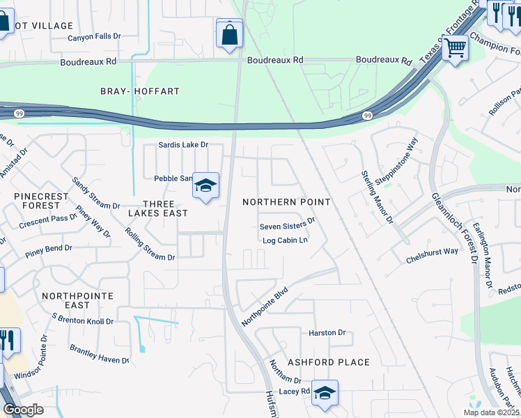 map of restaurants, bars, coffee shops, grocery stores, and more near 11438 Flying Geese Lane in Tomball