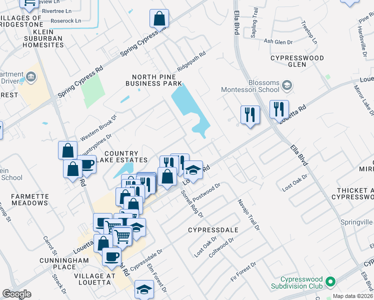 map of restaurants, bars, coffee shops, grocery stores, and more near 19311 Countrymeadow Lane in Spring