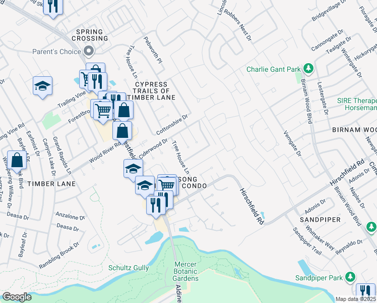 map of restaurants, bars, coffee shops, grocery stores, and more near 3133 Georgia Pine Drive in Spring