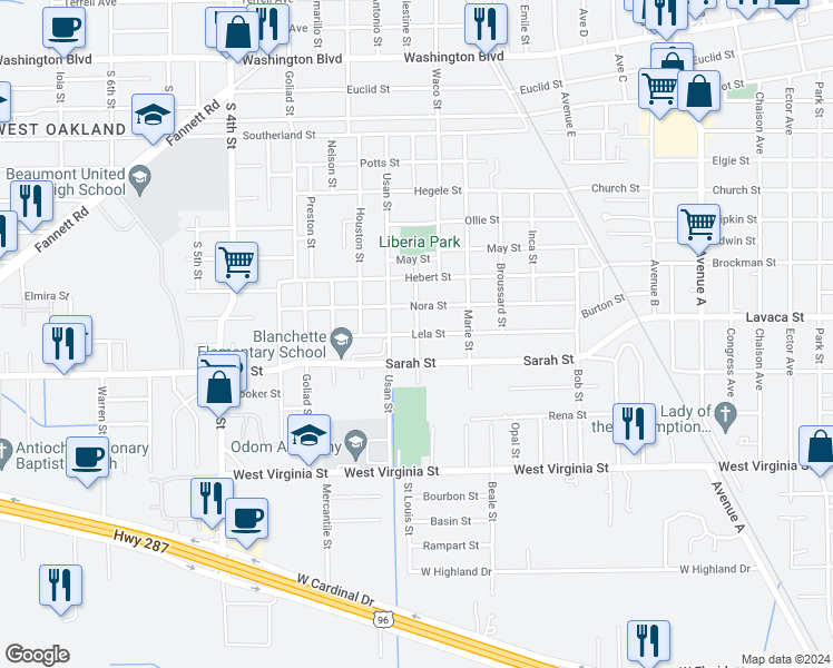 map of restaurants, bars, coffee shops, grocery stores, and more near 2300 Lela Street in Beaumont