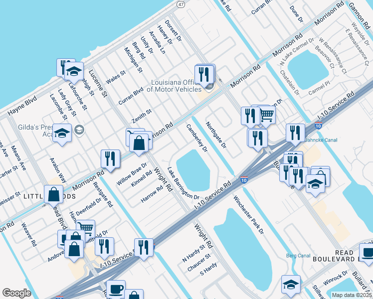 map of restaurants, bars, coffee shops, grocery stores, and more near 7421 Lake Barrington Drive in New Orleans