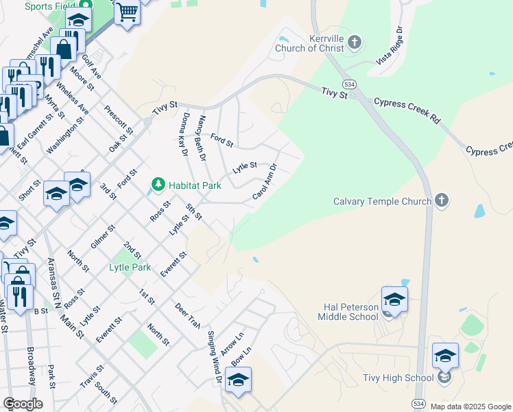 map of restaurants, bars, coffee shops, grocery stores, and more near 1310 Donna Kay Drive in Kerrville