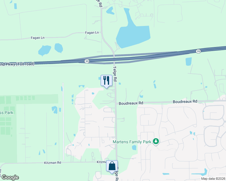 map of restaurants, bars, coffee shops, grocery stores, and more near 18929 Telge Road in Tomball