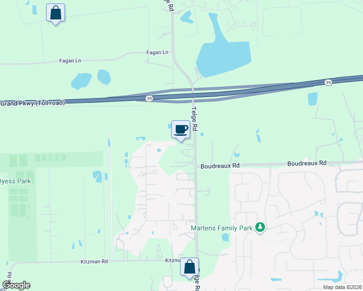 map of restaurants, bars, coffee shops, grocery stores, and more near 18929 Telge Road in Tomball