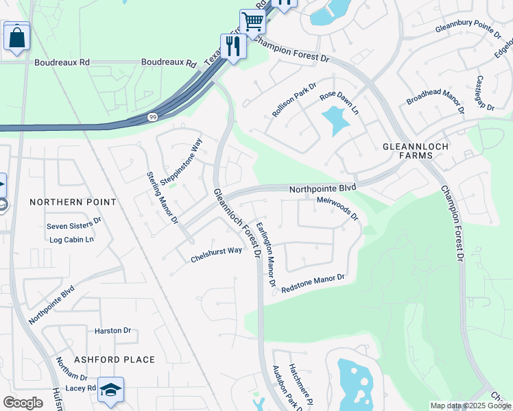 map of restaurants, bars, coffee shops, grocery stores, and more near 1503 Highpointe Green in Spring