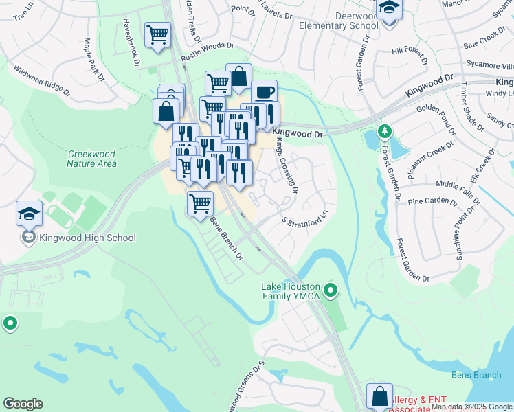 map of restaurants, bars, coffee shops, grocery stores, and more near 2710 West Lake Houston Parkway in Humble