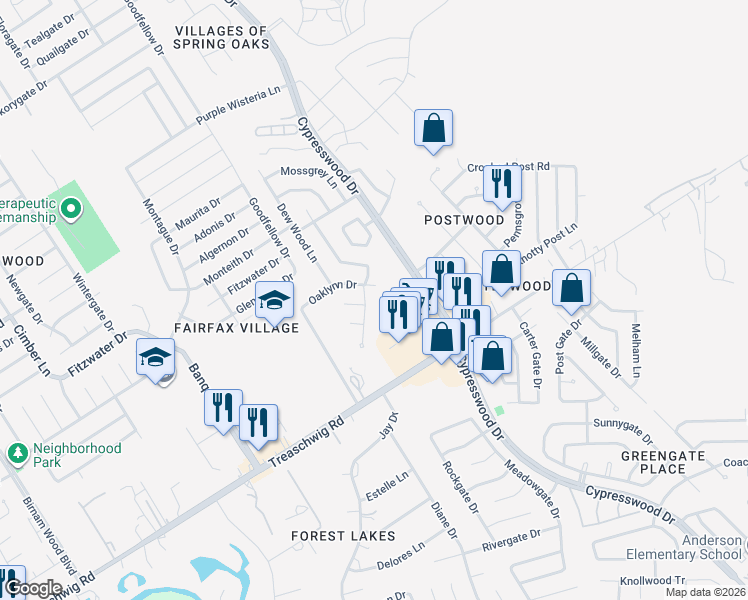 map of restaurants, bars, coffee shops, grocery stores, and more near 5410 Sherrylee Lane in Spring