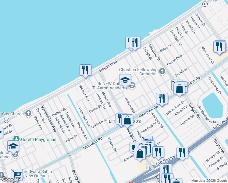map of restaurants, bars, coffee shops, grocery stores, and more near 7809 Read Boulevard in New Orleans