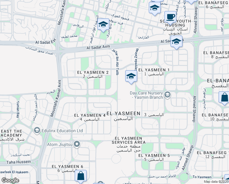 map of restaurants, bars, coffee shops, grocery stores, and more near in New Cairo 1