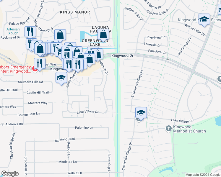 map of restaurants, bars, coffee shops, grocery stores, and more near 2000 Ladbrook Drive in Humble