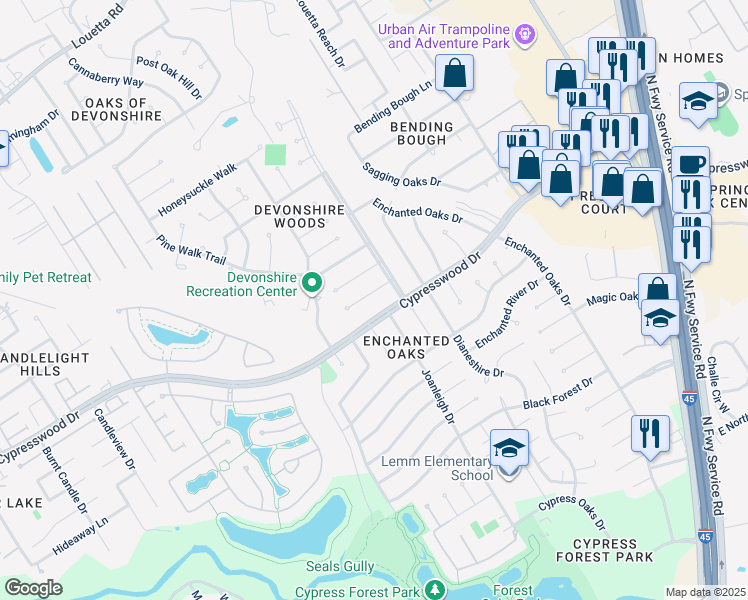 map of restaurants, bars, coffee shops, grocery stores, and more near 602 Cypresswood Drive in Spring