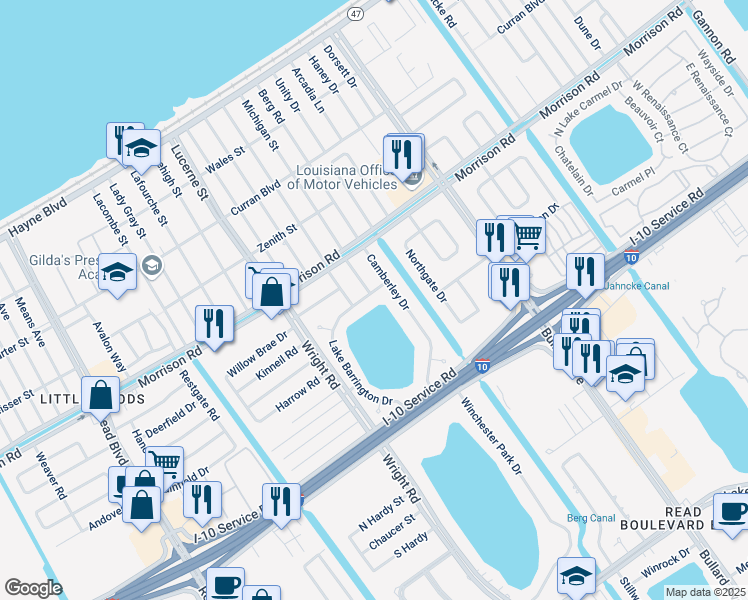 map of restaurants, bars, coffee shops, grocery stores, and more near 7421 Lake Barrington Drive in New Orleans